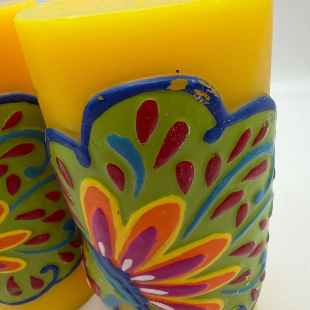 Pier 1 yellow peacock pillar candles‎ set of two summer home decor lake house